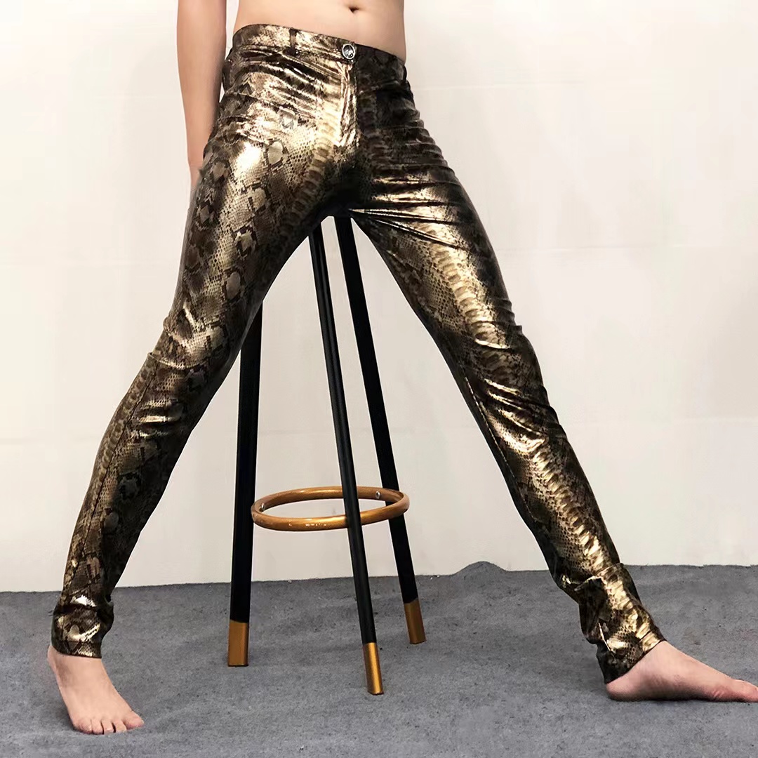 Snake Pattern Printed Skinny Trousers Pencil Pants Gold Silver Elastic Waist Tights Nightclub Male Singer Dancer Stage Costume