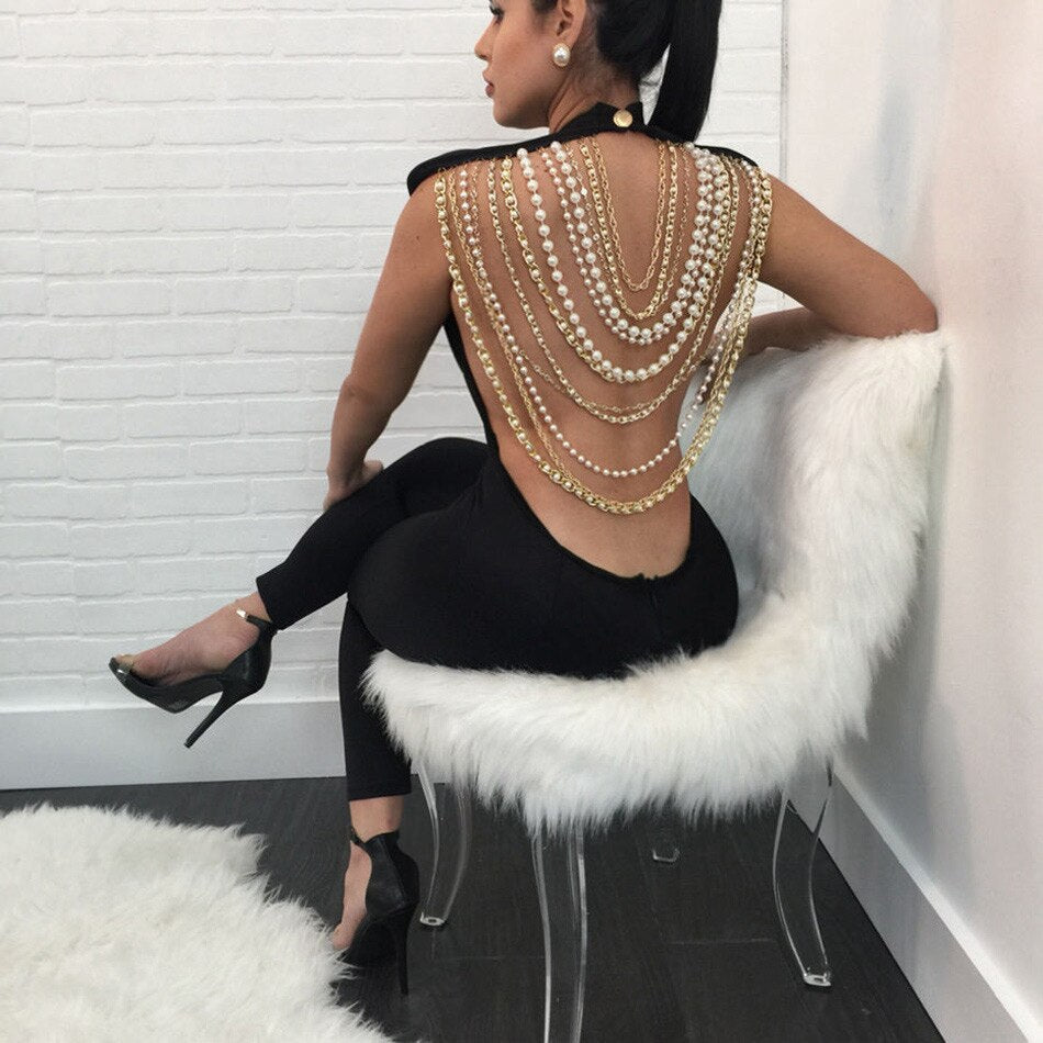 Backless Beading Bandage Jumpsuit Pearls Gold Chains Embellished Open Back Party Jumpsuits