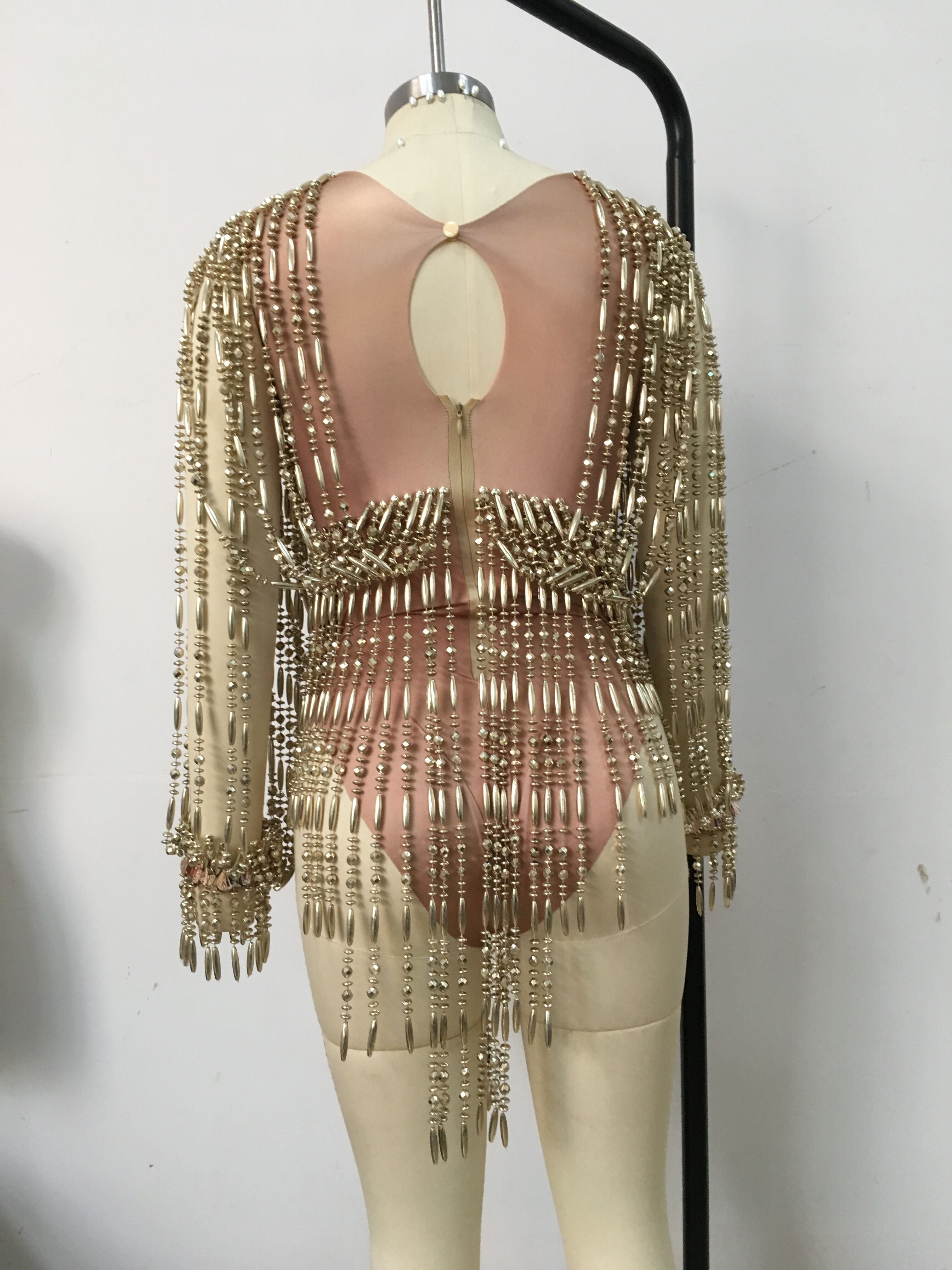 Women Gold Tassel Mesh Leotard Rhinestones Perspective Fringes Bodysuit Singer Stage Outfit Wear Performance Dance Costume
