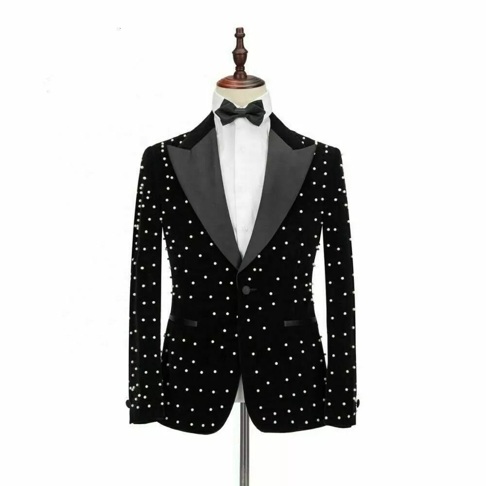 Crystal Beading Black Velvet Men Suits Costume Homme Groom Tuxedos Wedding Terno Masculino Slim Fit 3 Pieces Party Blazer