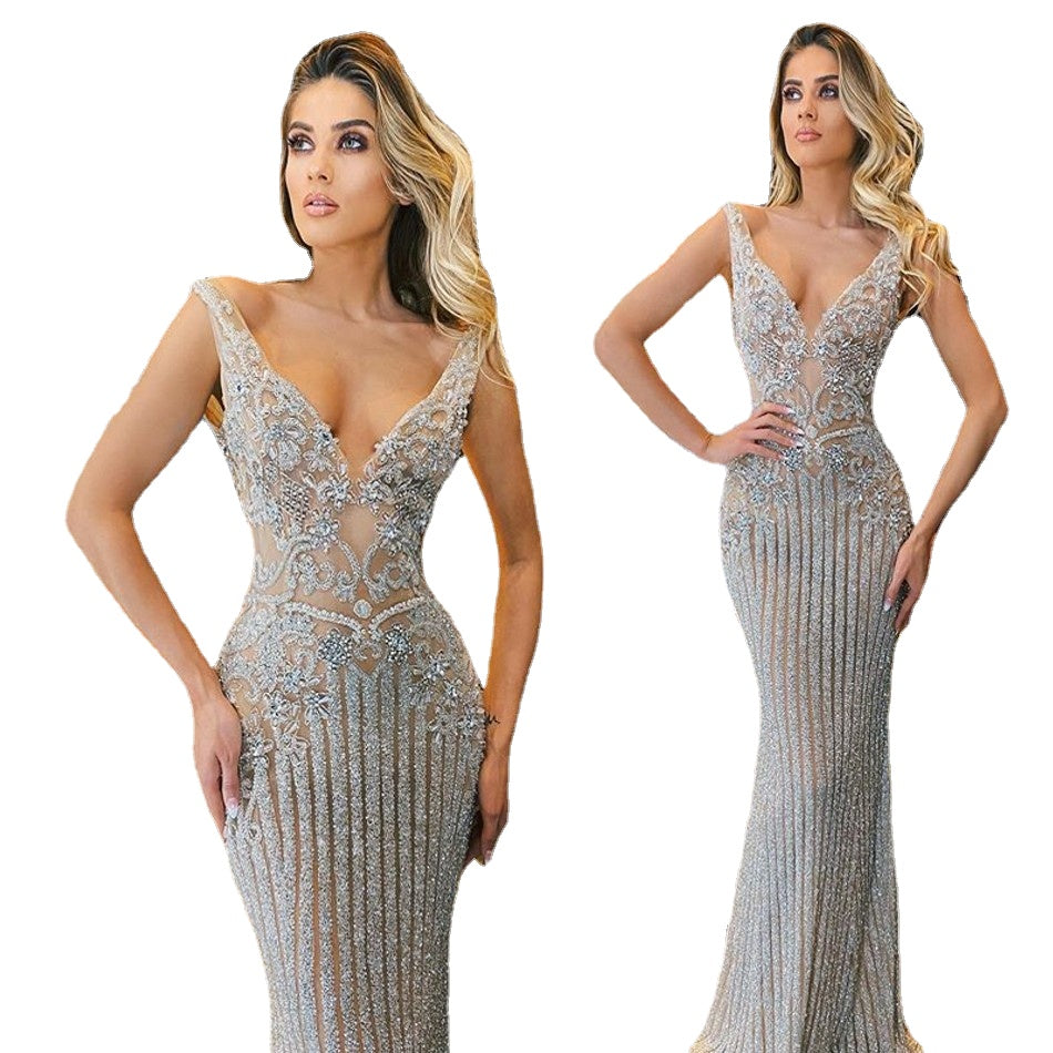 Robes De Deep V Neck Lace Beading Crystal Mermaid Prom Dresses Custom Made Sexy Evening Gowns