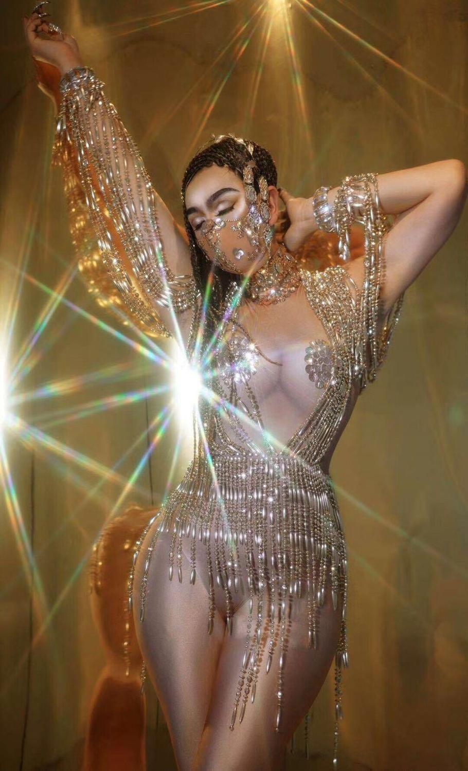 Women Gold Tassel Mesh Leotard Rhinestones Perspective Fringes Bodysuit Singer Stage Outfit Wear Performance Dance Costume