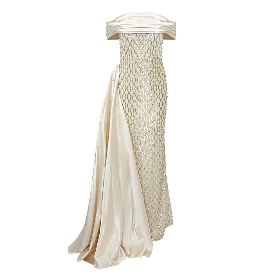 Wrapped Party Long Dress Personized Slash Neck Off Shoulder Plaid Sequin Crystal Beaded Irregular Evening Maxi Red Carpet Dress