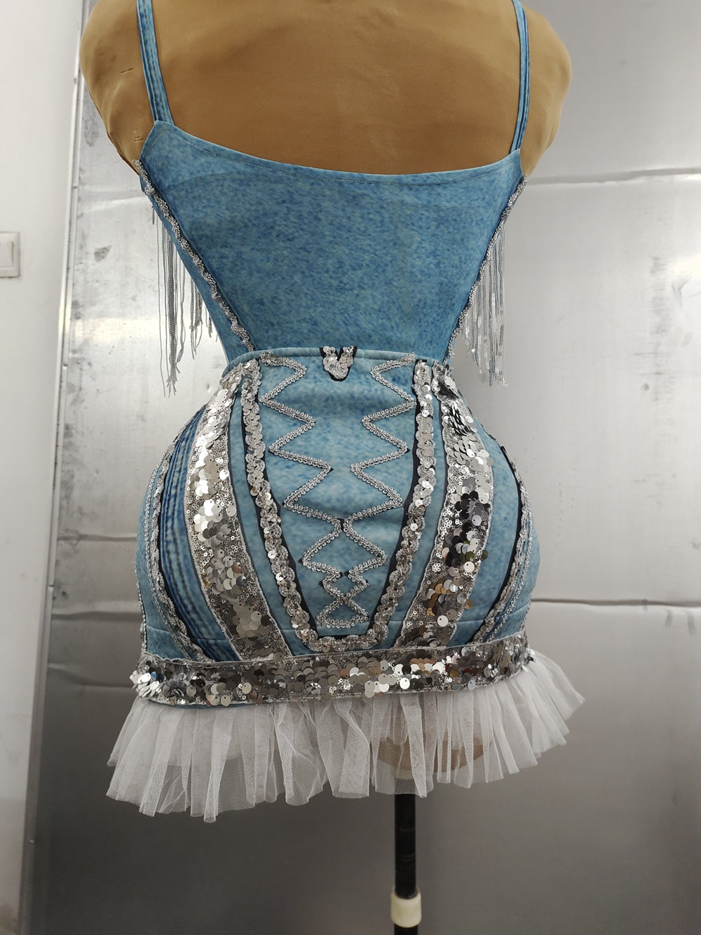Shining Sequins Fringe Mesh Fake Denim Bodysuit Stage Wear DJ Singer Bar Nightclub Jazz Dance Costume Performance Show Wear