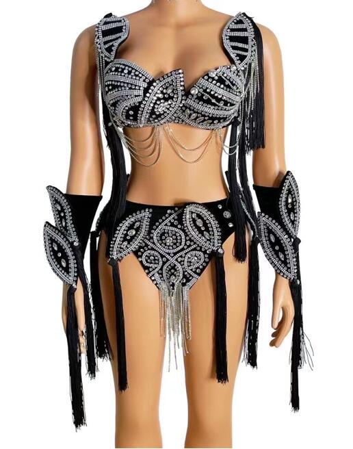 Silver Rhinestones Black Tassels Bra Short Outfit Set Summer Bikini Show Prom Party Evening Singer Costume Set
