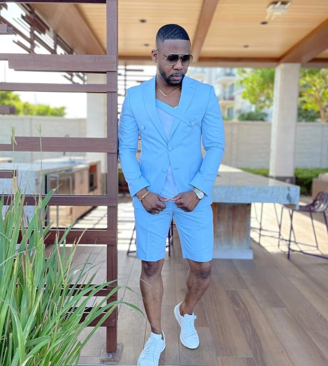 Light Blue Men Suits Wedding Groom Tuxedo Costume Homme Groomsmen Attires 2Pcs Terno Masculino Slim Fit Blazer With Shorts