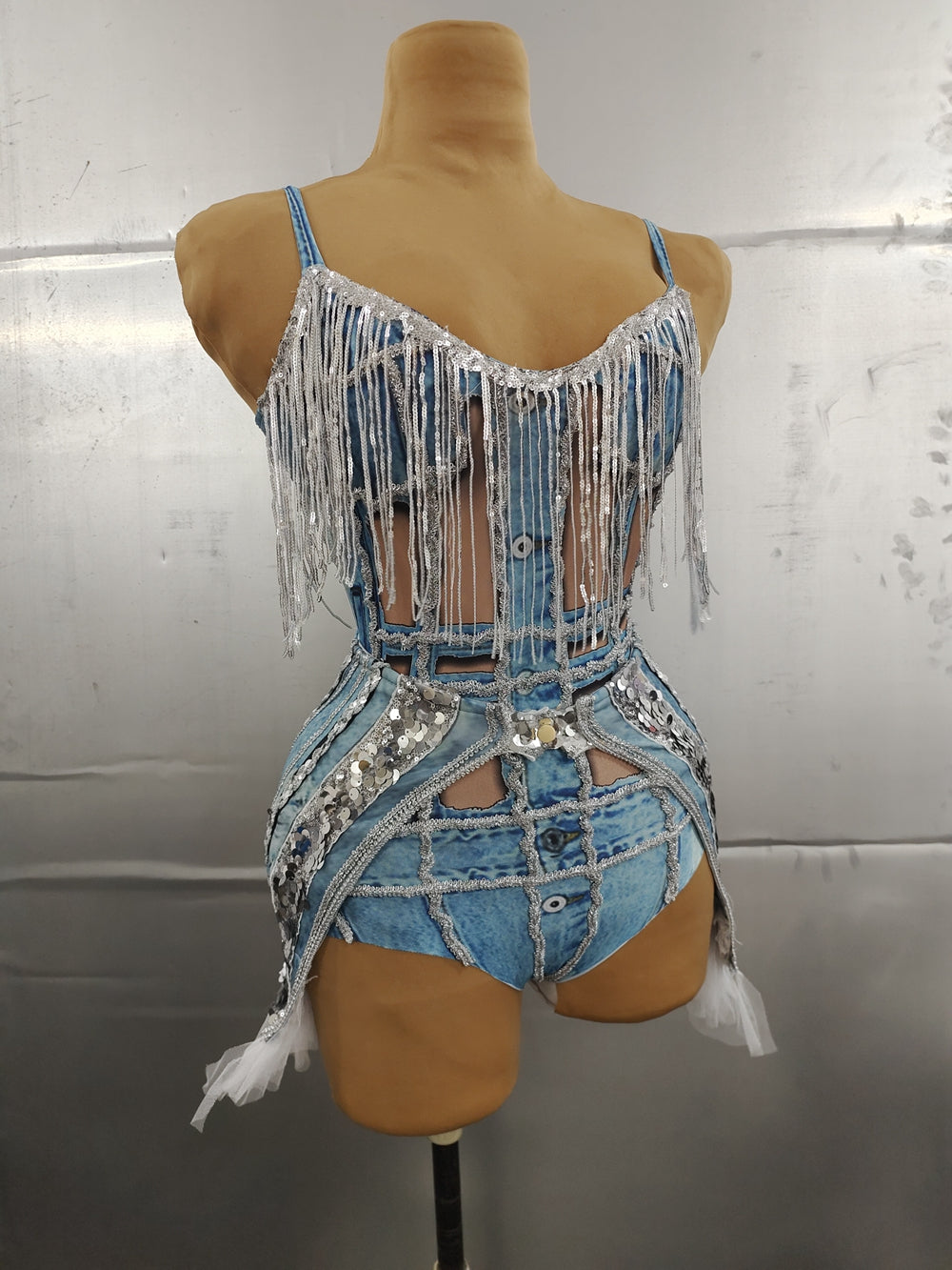 Shining Sequins Fringe Mesh Fake Denim Bodysuit Stage Wear DJ Singer Bar Nightclub Jazz Dance Costume Performance Show Wear