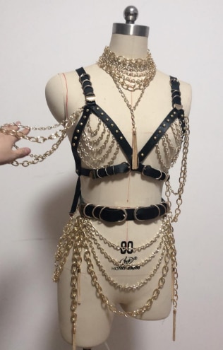 Women Gold Chains Costume Outfit Stage Performance Nightclub show Bra Chains Short