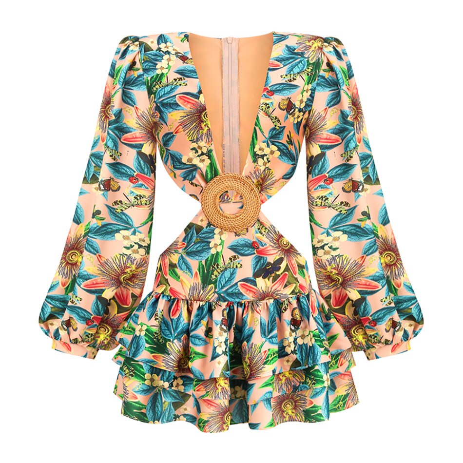 Floral Holiday Beach Dress Pretty Deep V Neck Lantern Long Sleeve Hollow Out Pleated Ruffle Elegant Vacation Mini Dress
