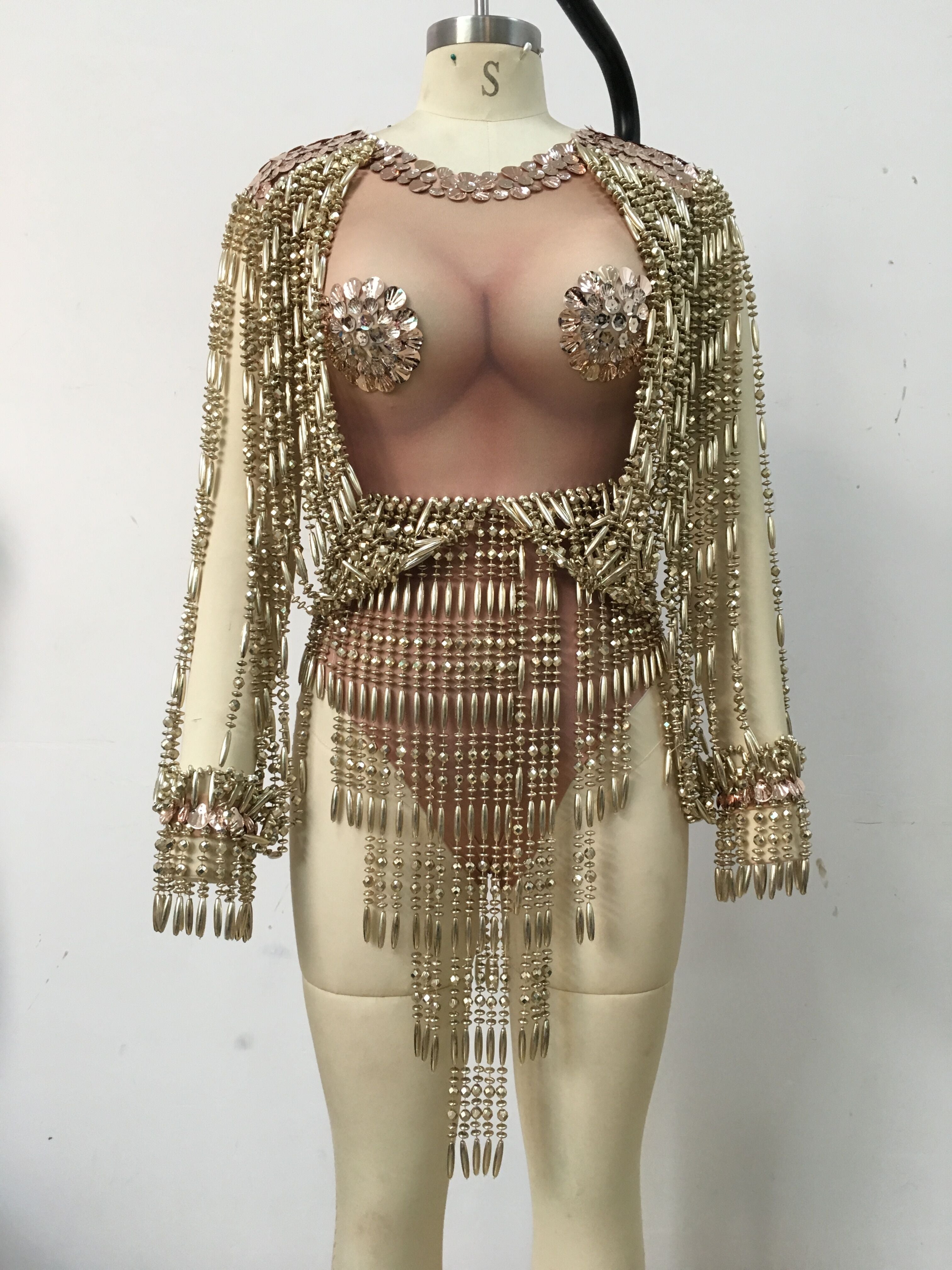 Women Gold Tassel Mesh Leotard Rhinestones Perspective Fringes Bodysuit Singer Stage Outfit Wear Performance Dance Costume