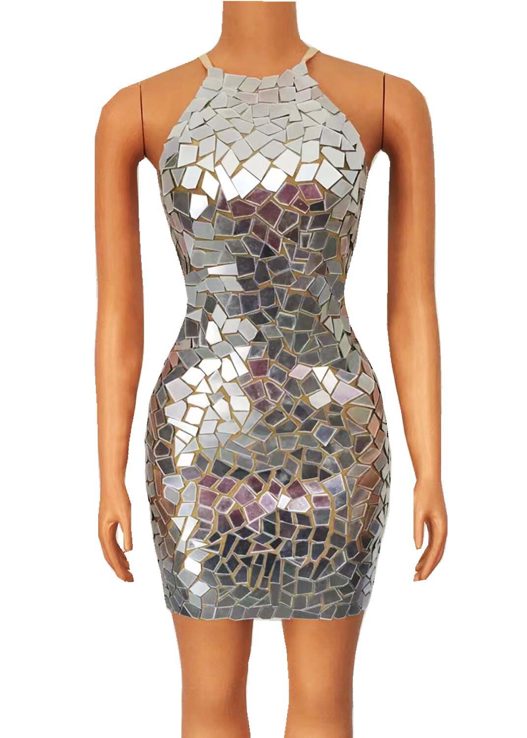 Sparkly Silver Mirrors Sleeveless Dress Evening Birthday Celebrate Outfit Party Costume Dancer Performance Show Clothes
