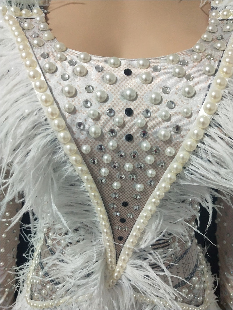 Bar Nightclub Jazz Dance Costume White Pearl Feather Sleeve Bodysuit Crystal Leotard Stage Wear Dancer Performance Clothes