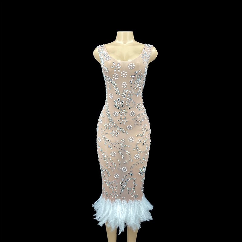 Transparent Net Stones Mesh Feather Dress Performance Costume