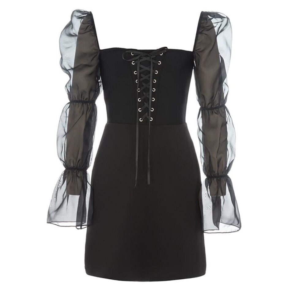 Heartbeat Celebrities Light Luxury V Mesh Stitching Plastic Waist Black Dress Can Be Worn At Birthday Parties