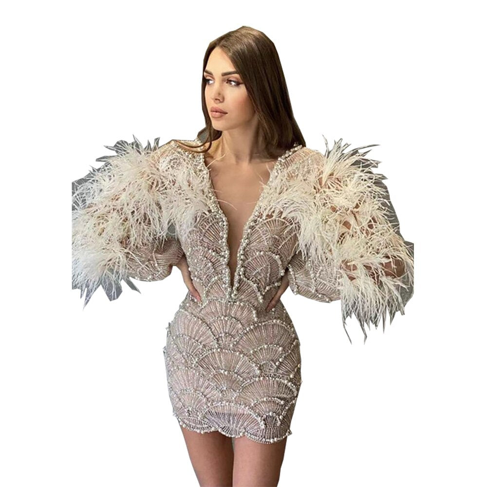 Apricot Long-sleeved Feather Sequined Beaded V-neck Slim Dress Party Dress