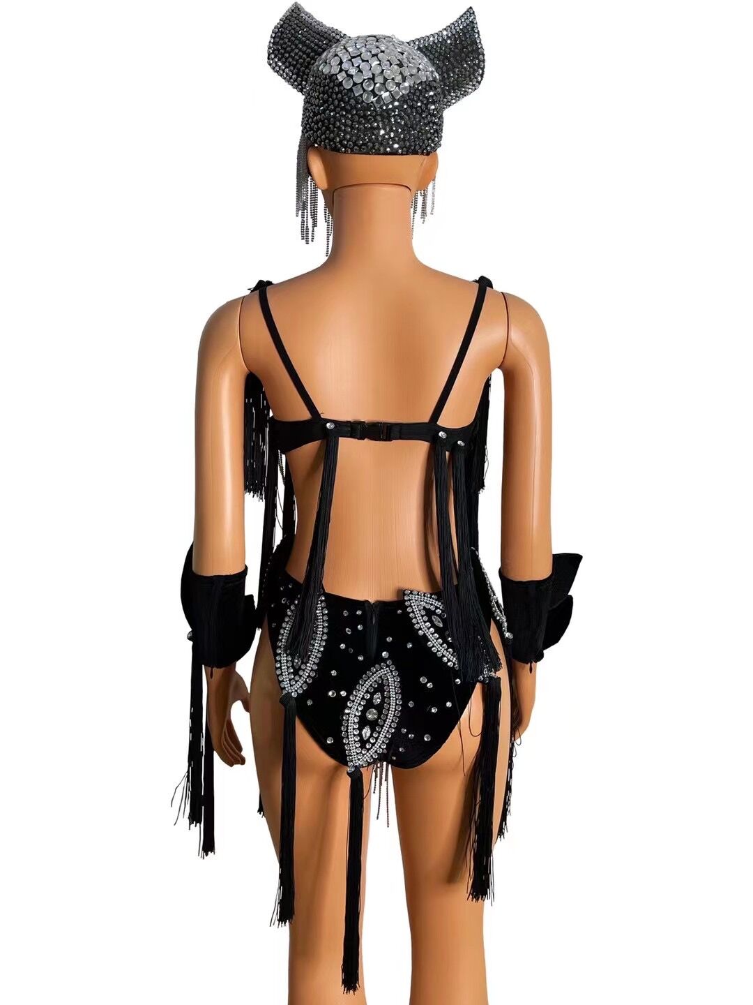 Silver Rhinestones Black Tassels Bra Short Outfit Set Summer Bikini Show Prom Party Evening Singer Costume Set