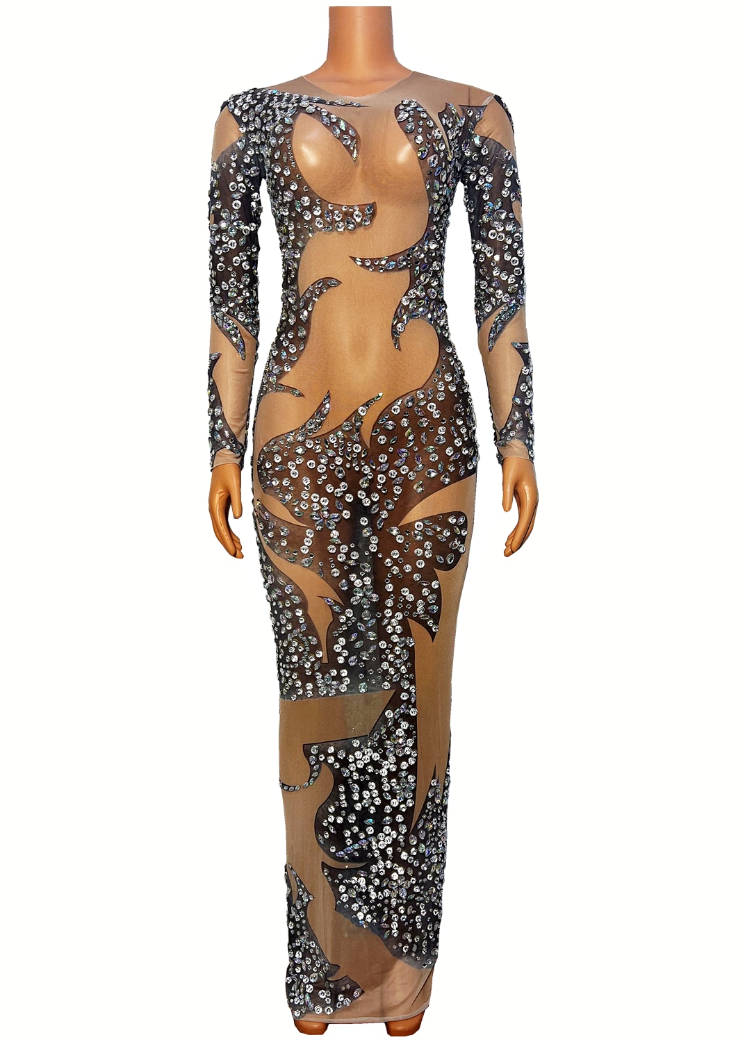 Mesh Transparent Long Sleeves Rhinestones Dress Evening Birthday Celebrate Costume Stage Dancer Performance Outfit