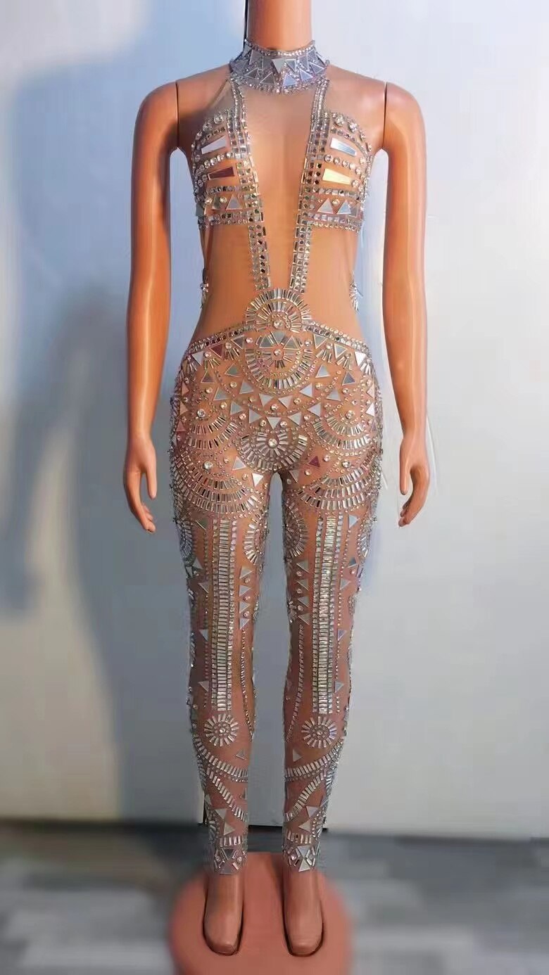 Sparkly Rhinestones Mirrors Mesh Transparent Jumpsuit Sleeveless Sexy Tight Birthday Party Outfit Dancer Show Rompers Stage Wear