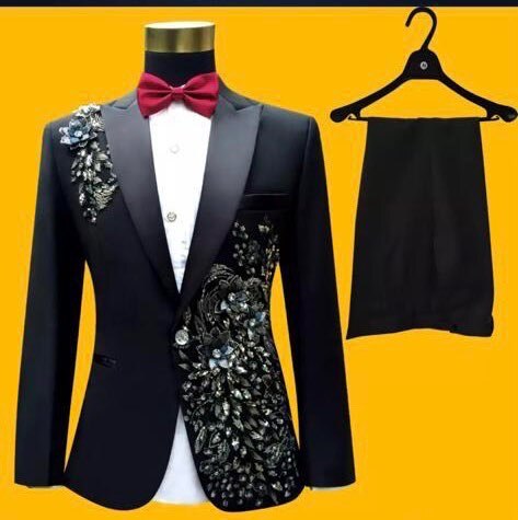 Classic Black Suits for Men Peaked Lapel Crystal Formal Slim Fit Suit Set Costume Jacket Pants Groom Wedding Blazers