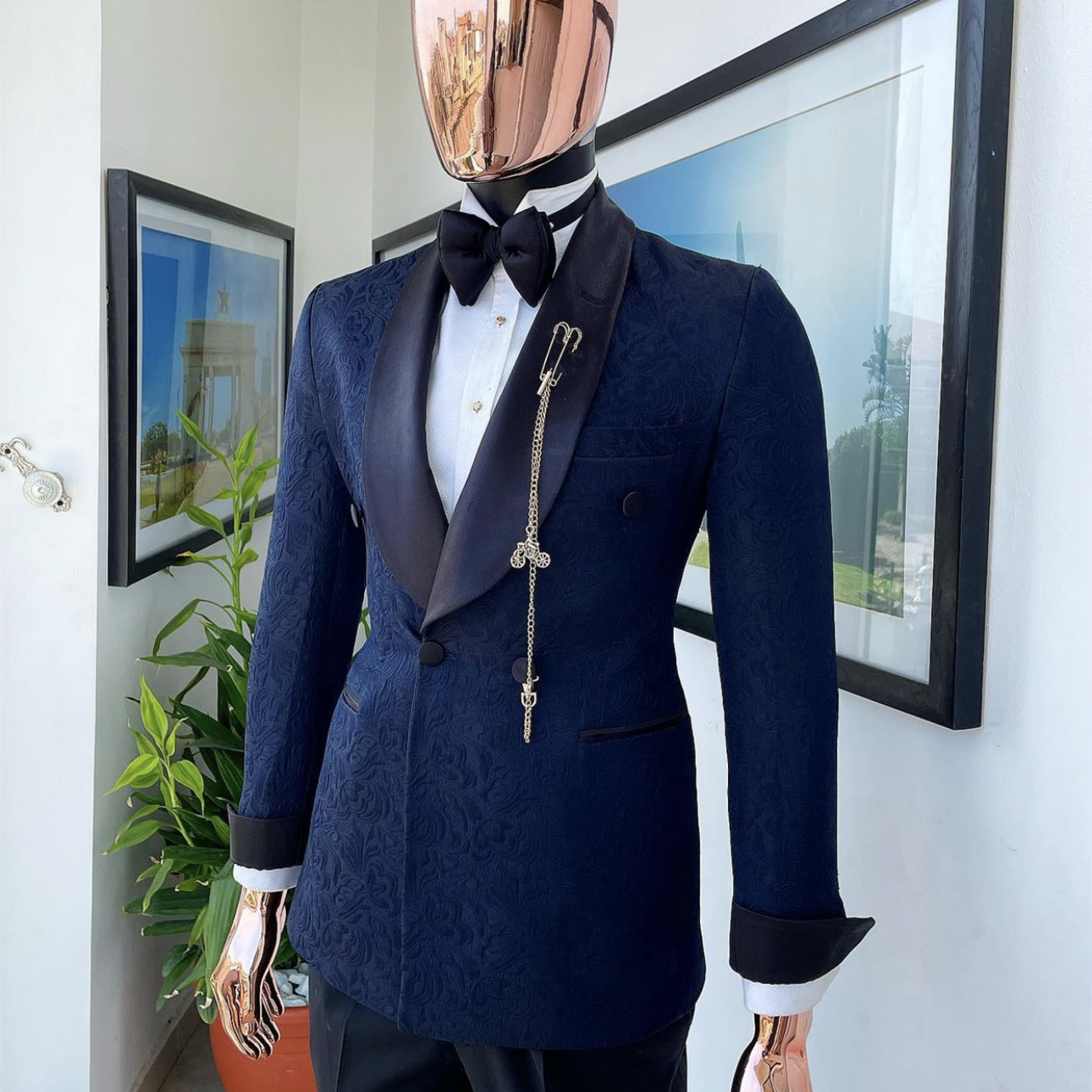 Navy Blue Jacquard Blazer Double Breasted Party Groom Wear Men Wedding Suits For Men Prom Tuxedo