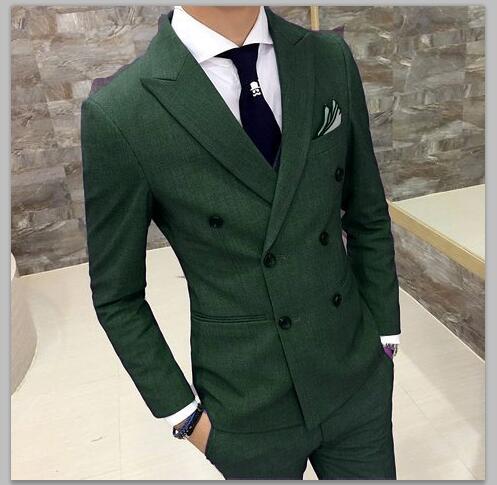 Green Suit Men Slim Fit Double Breasted Groom Tuxedo 2 Piece Custom Prom Wedding Suits Blazer Terno Masuclino Jacket+Pant