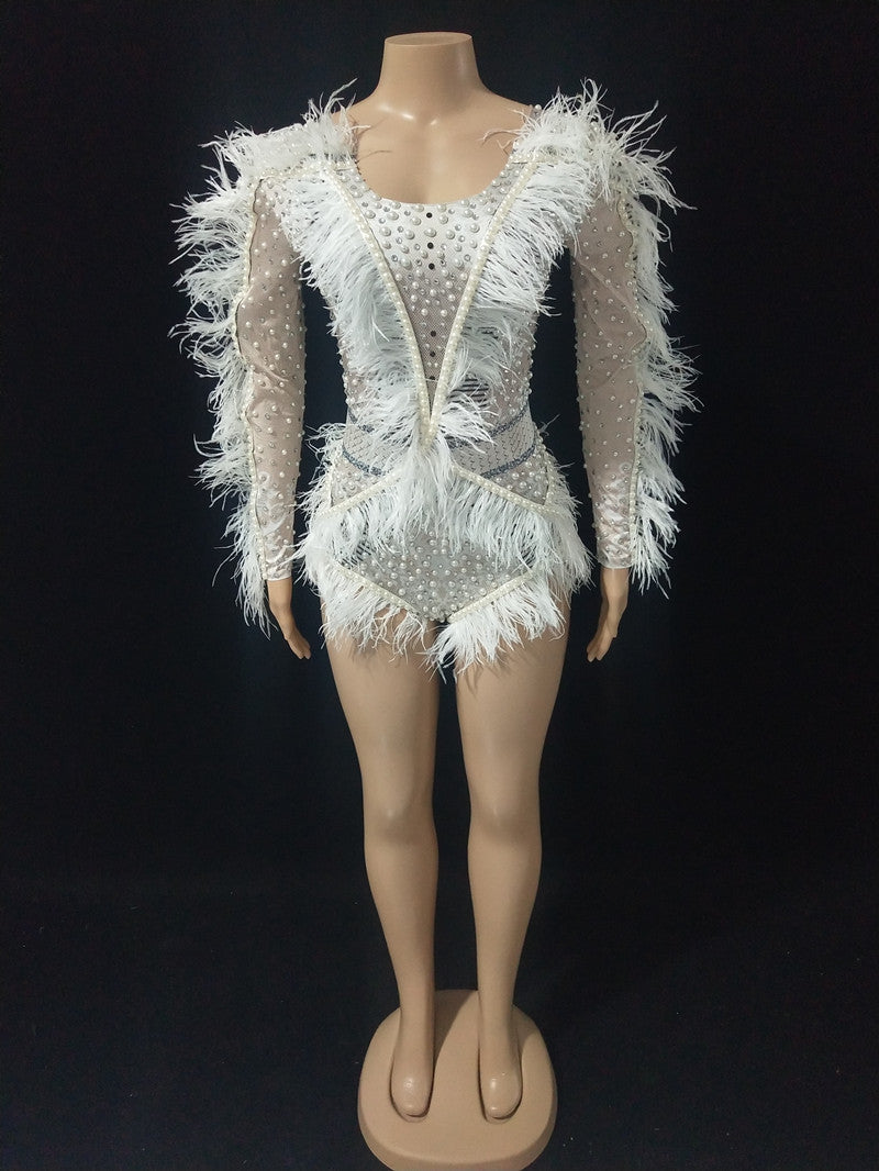 Bar Nightclub Jazz Dance Costume White Pearl Feather Sleeve Bodysuit Crystal Leotard Stage Wear Dancer Performance Clothes