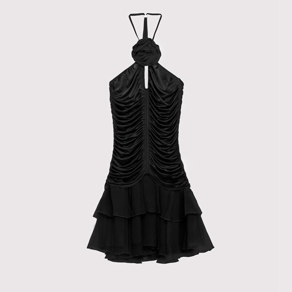 Spring and Summer New Sexy Spice Girl Hanging Neck Rose Pleated Slim Laminated Lotus Leaf Stitching Slim Dress
