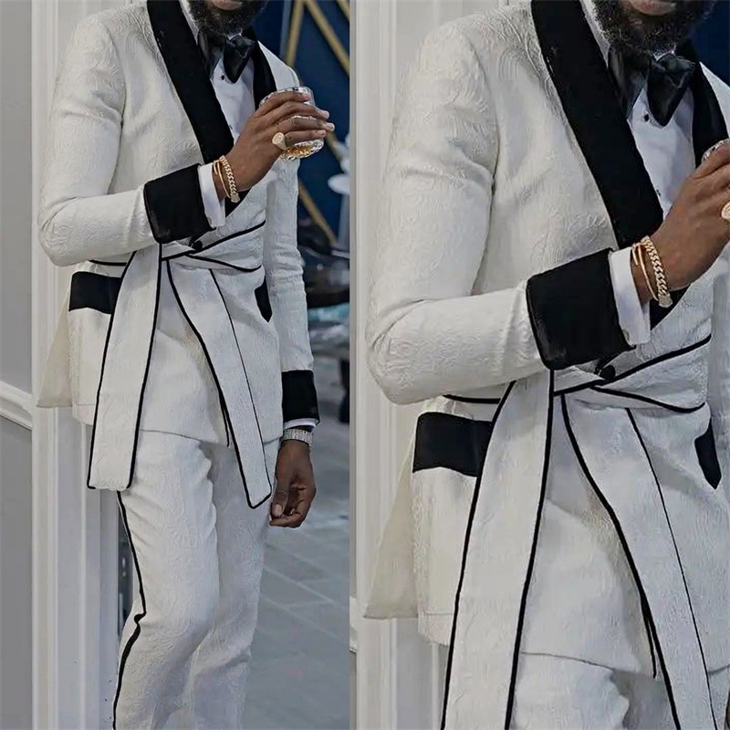 Homme Jacquard Designs Men Suit With Belt Slim Fit 2 Piece Wedding Tuxedo Custom Made Prom Party Clothing