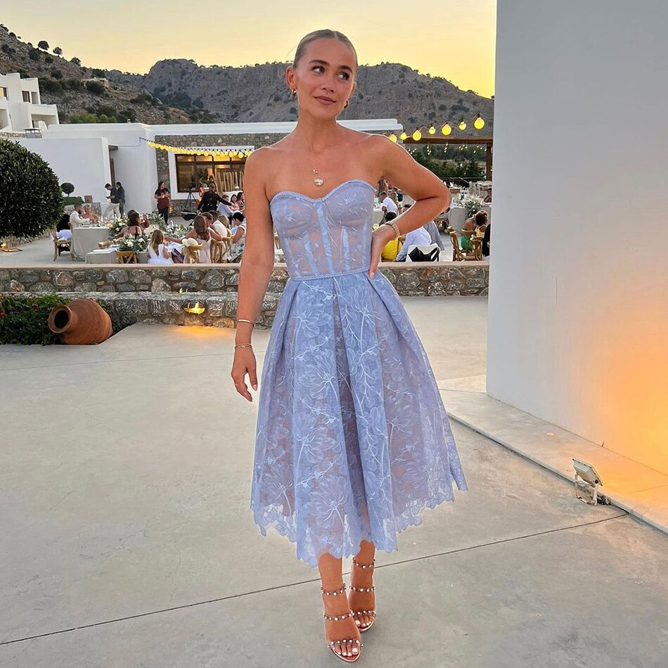 Chic Summer Strapless Crepe Mesh Dress Sexy Women Elegant Slim Bustier A Line Pleated Prom Party Dress