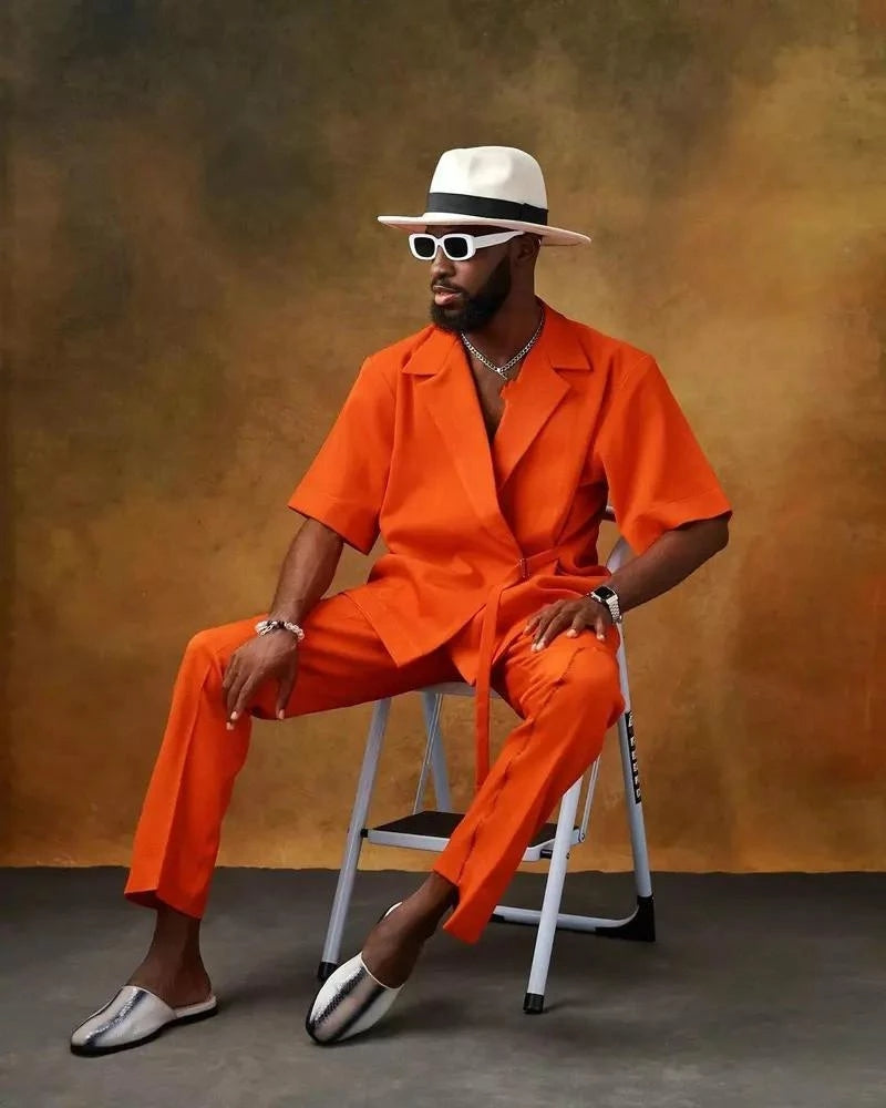 Bright Orange Men Suits Prom Terno Masculino Groom Wedding Slim Fit Costume Homme Blazer 2 Pcs (Jacket+Short Pants)
