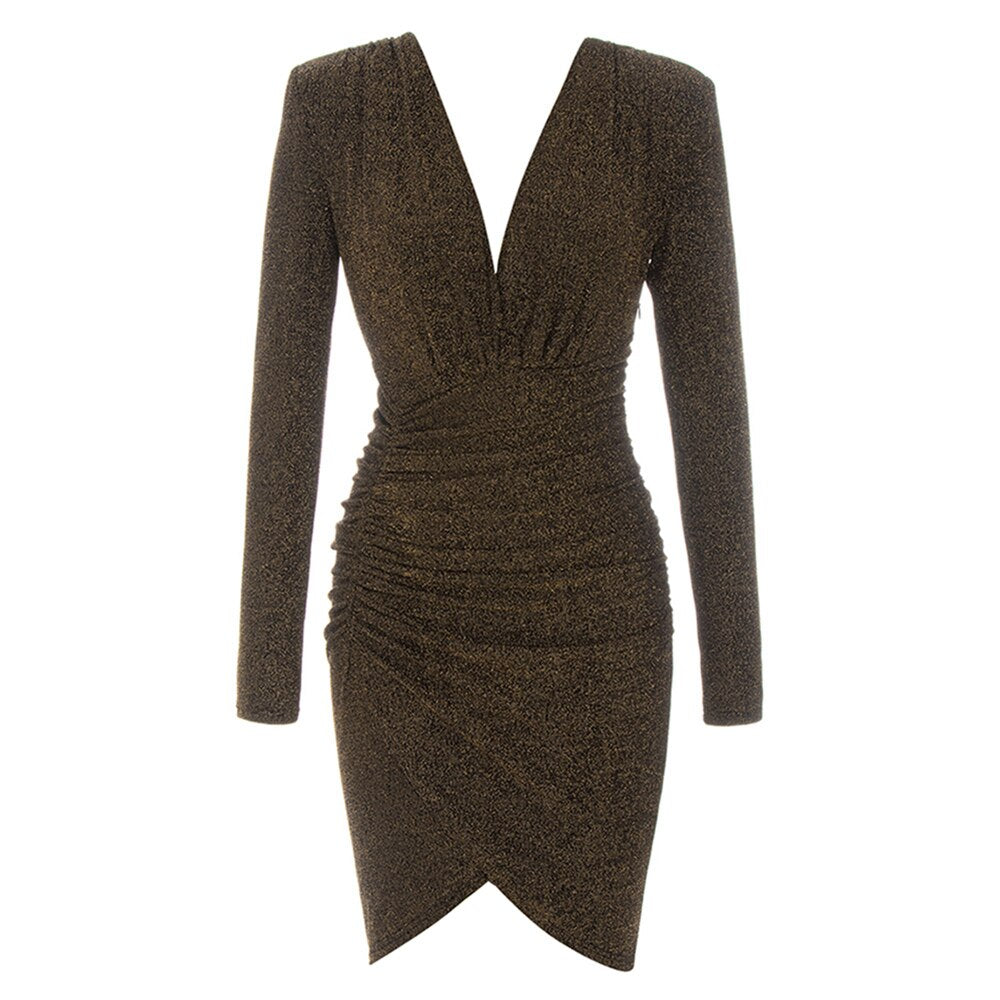 Autumn and Winter Dark Brown Temperament Deep V Long Sleeve Beaded Pleated Slim Hip Skirt Dress