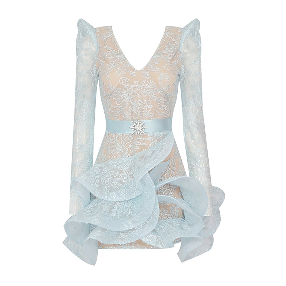 Pretty Lace Dress New Summer V-neck Long Sleeve Perspective Fishbone Ruffle Cake Dress With Diamond Belt