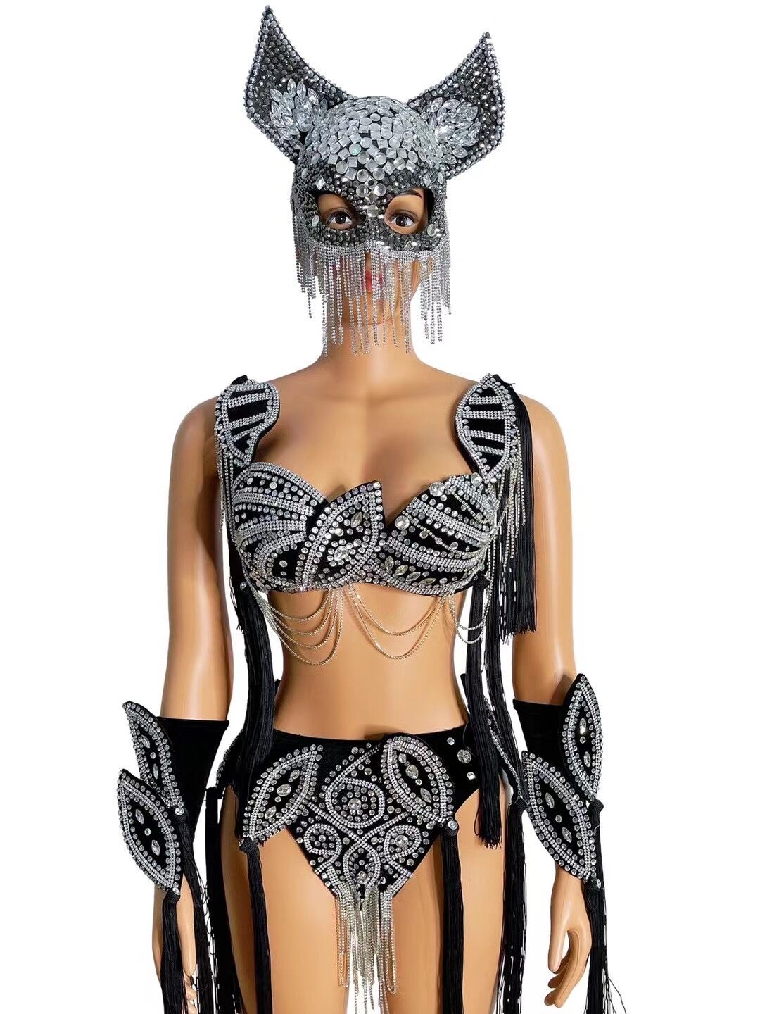 Silver Rhinestones Black Tassels Bra Short Outfit Set Summer Bikini Show Prom Party Evening Singer Costume Set