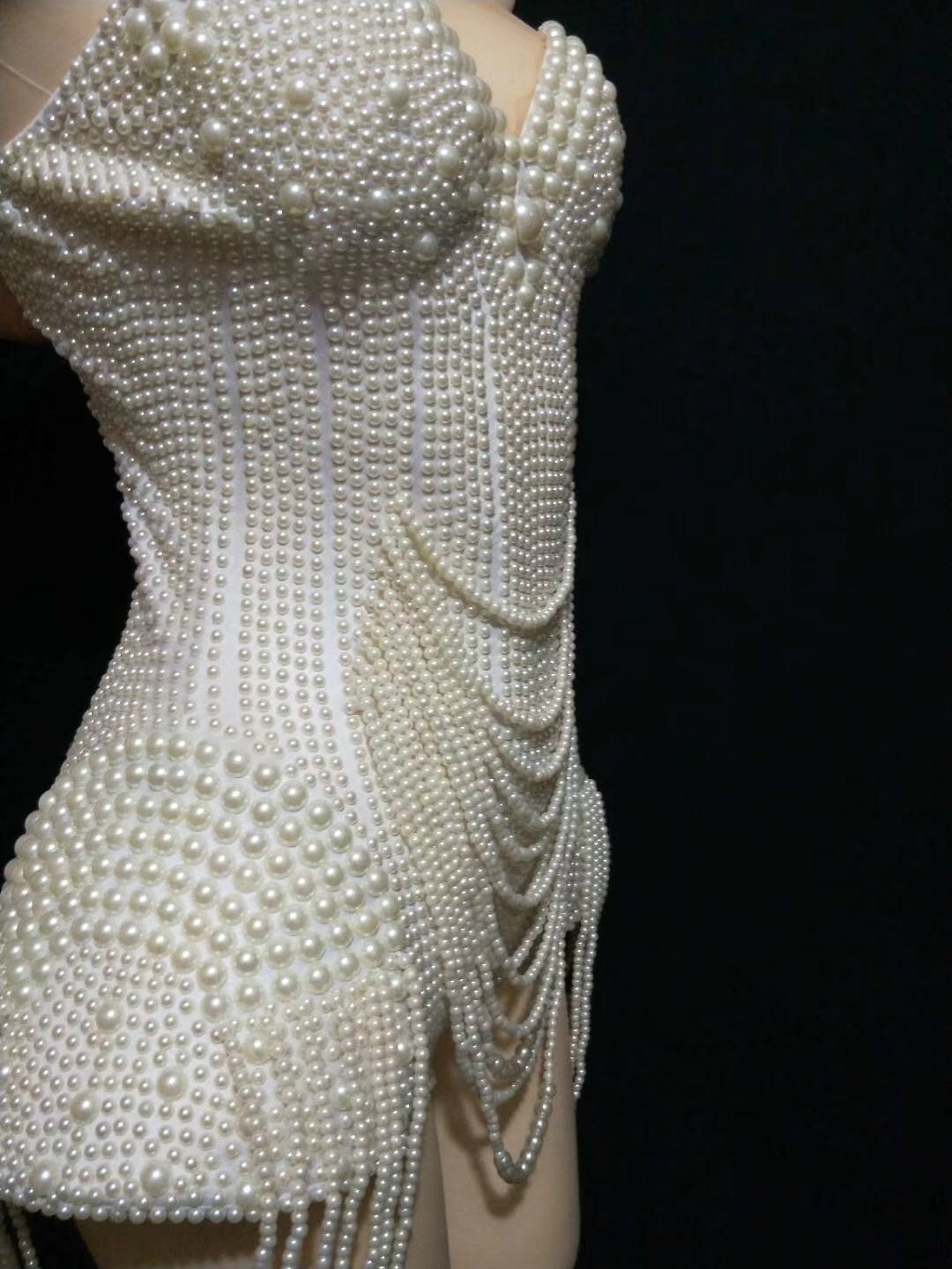 White Pearls Beading Bodysuit Jazz Dance Costume Evening Stage Nightclub Bar Show Wear Prom Birthday Outfit Women Singer Clothes