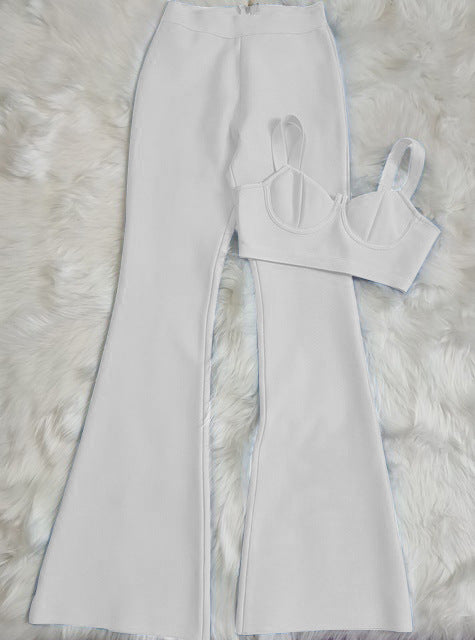 Summer Women's Bandage 2 Two-piece Set Sleeveless Tight Short Top & High Waist Flared Trousers Pants Set