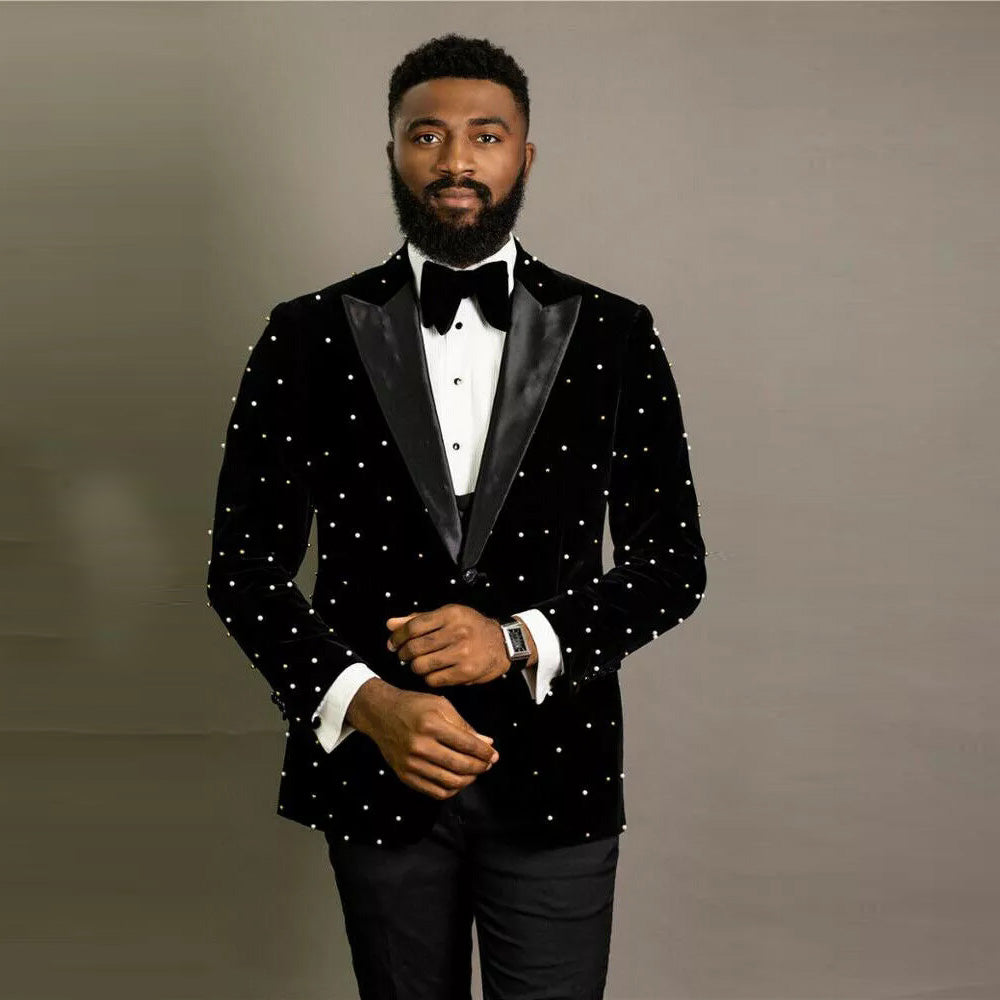 Crystal Beading Black Velvet Men Suits Costume Homme Groom Tuxedos Wedding Terno Masculino Slim Fit 3 Pieces Party Blazer