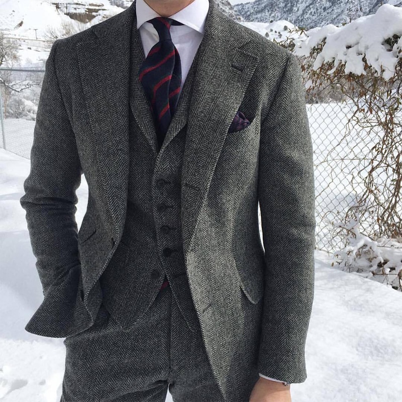 Gray Wool Tweed Men Suits For Winter Wedding Formal Groom Tuxedo 3 Piece Herringbone Set Jacket Vest with Pants
