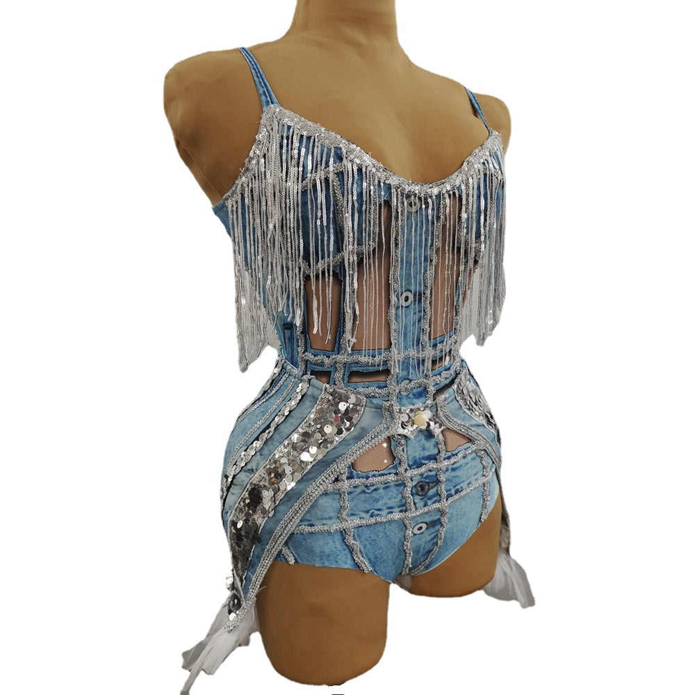 Shining Sequins Fringe Mesh Fake Denim Bodysuit Stage Wear DJ Singer Bar Nightclub Jazz Dance Costume Performance Show Wear