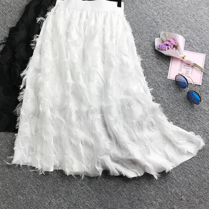 Chiffon Feather Tassel Skirt High Waist Chiffon Skirt A Line White Midi Slim Skirts