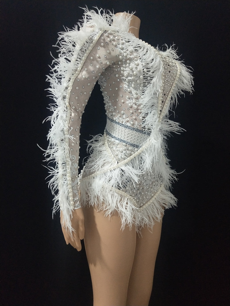 Bar Nightclub Jazz Dance Costume White Pearl Feather Sleeve Bodysuit Crystal Leotard Stage Wear Dancer Performance Clothes