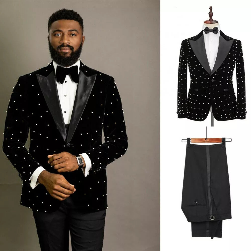 Pearl Beading Men Suits Costume Homme Groom Wear Tuxedos Wedding Terno Masculino Slim Fit 2 Pieces Blazer(Jacket+Pants)