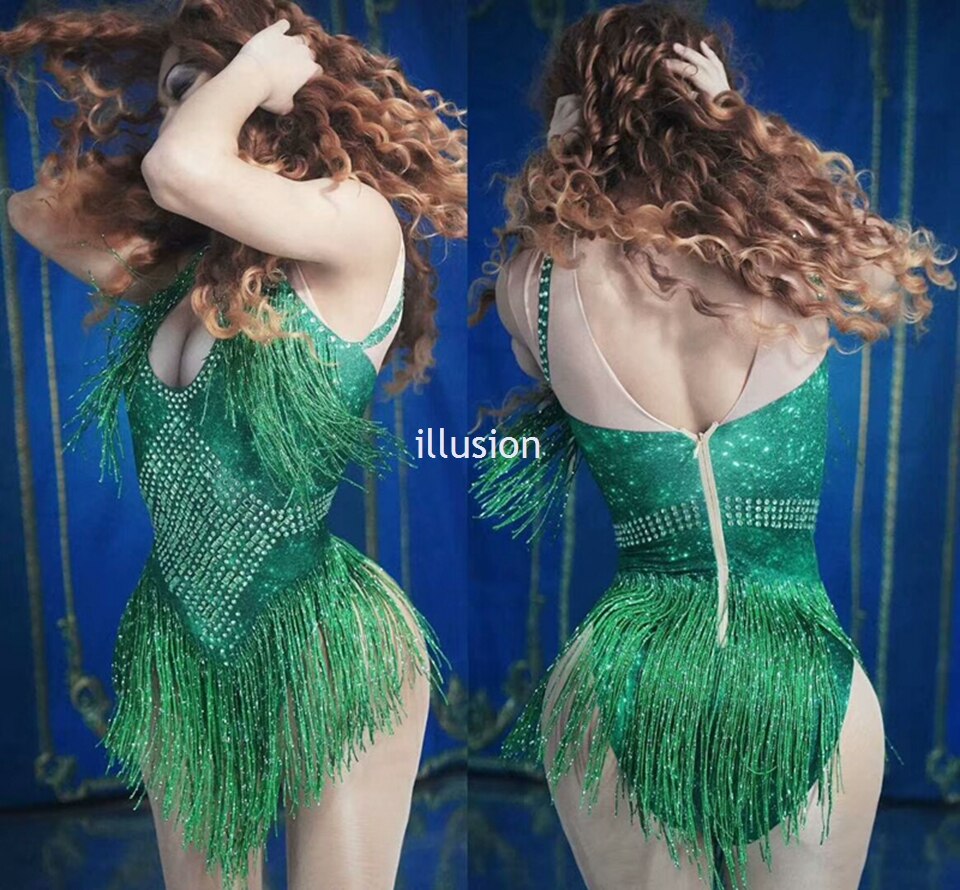 6 Colors Sparkly Rhinestones Tassel Leotard Nightclub Dance Ds Show St 