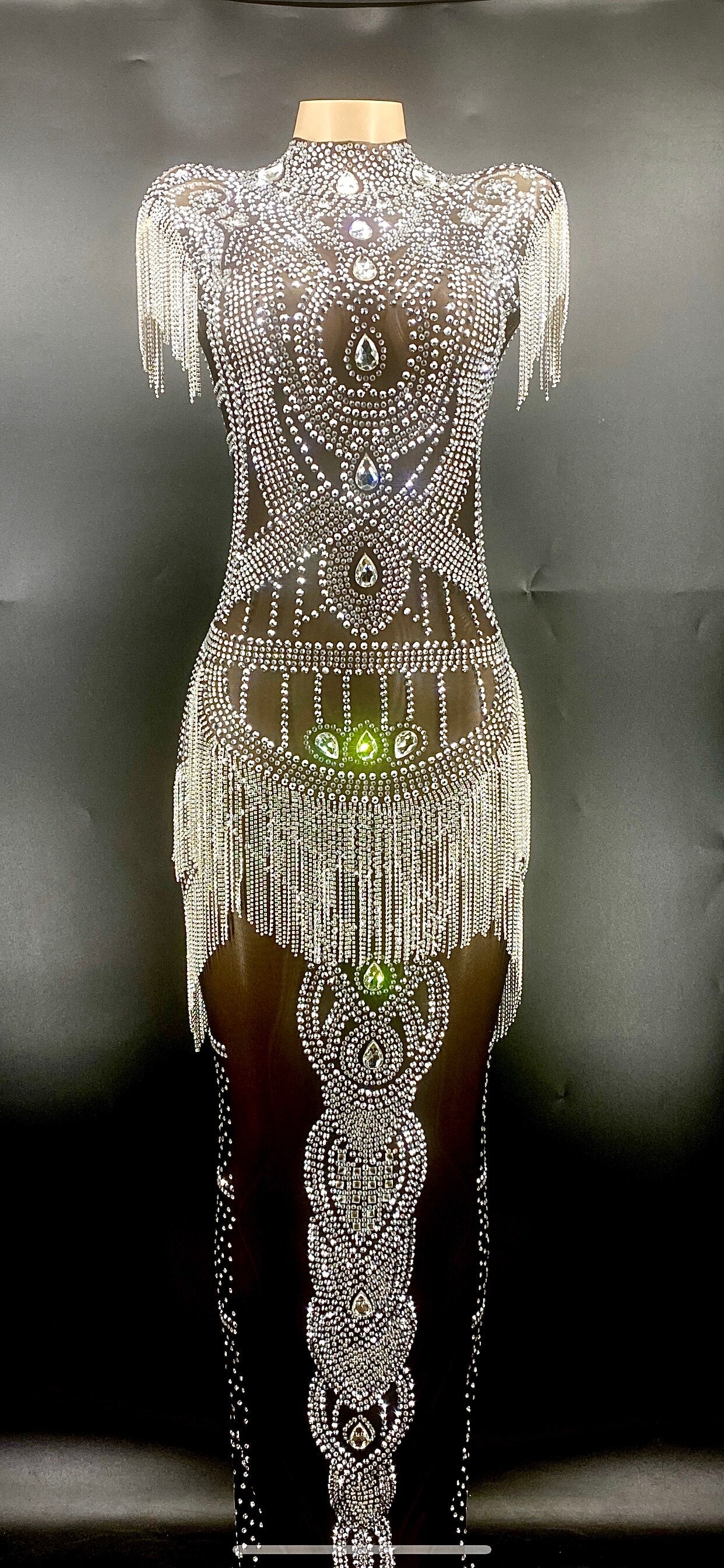 Silver Crystals Fringes Black Mesh Transparent Long Dress Costume Stretchy Flash Dress