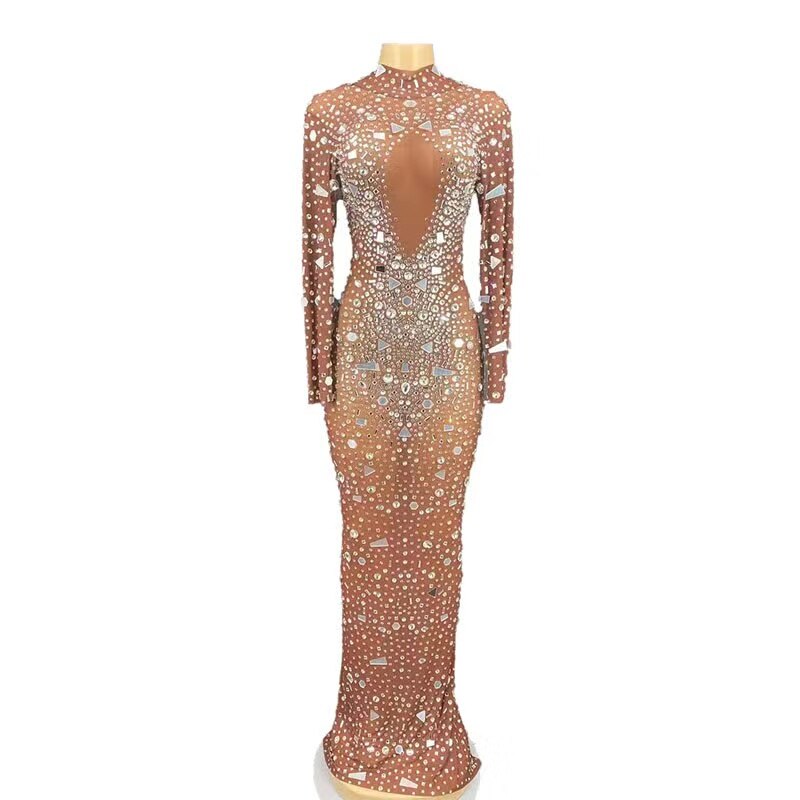 Sparkly Mirrors Crystal Tan Color Long See Through Bodycon Dress Celebrate Birthday Party Performance Costume Outfit