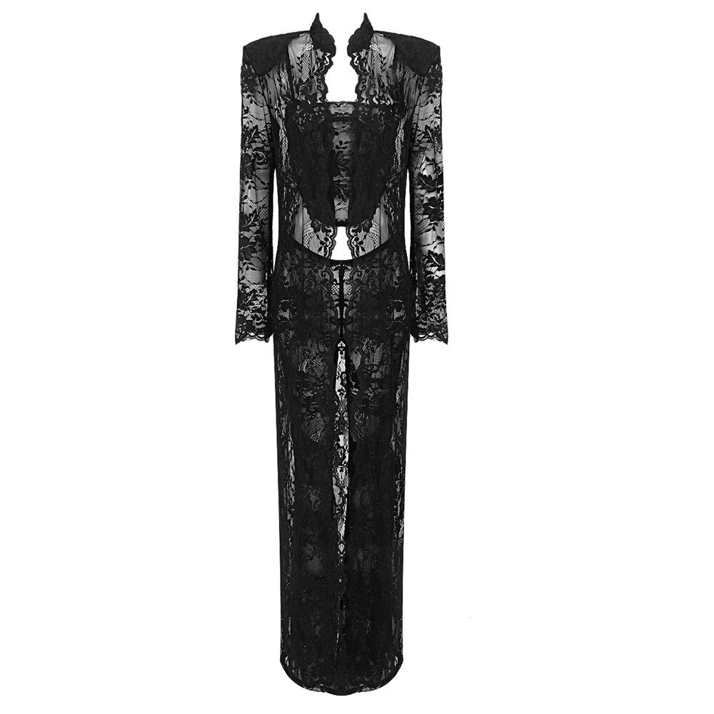 Lace Cardigan Set White Black Spaghetti Strap Top Trousers Pants Long Sleeve Maxi Dress Three-piece Set Women Outfit
