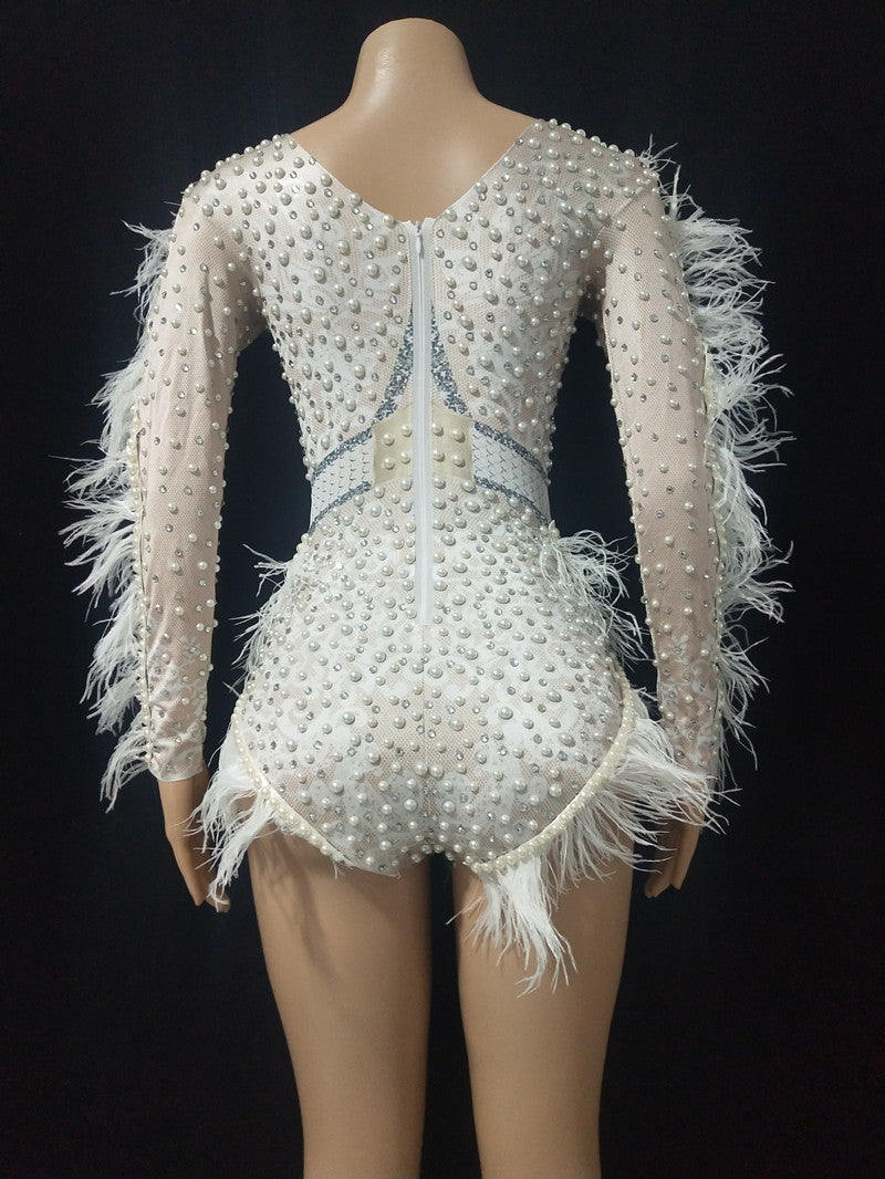 Bar Nightclub Jazz Dance Costume White Pearl Feather Sleeve Bodysuit Crystal Leotard Stage Wear Dancer Performance Clothes