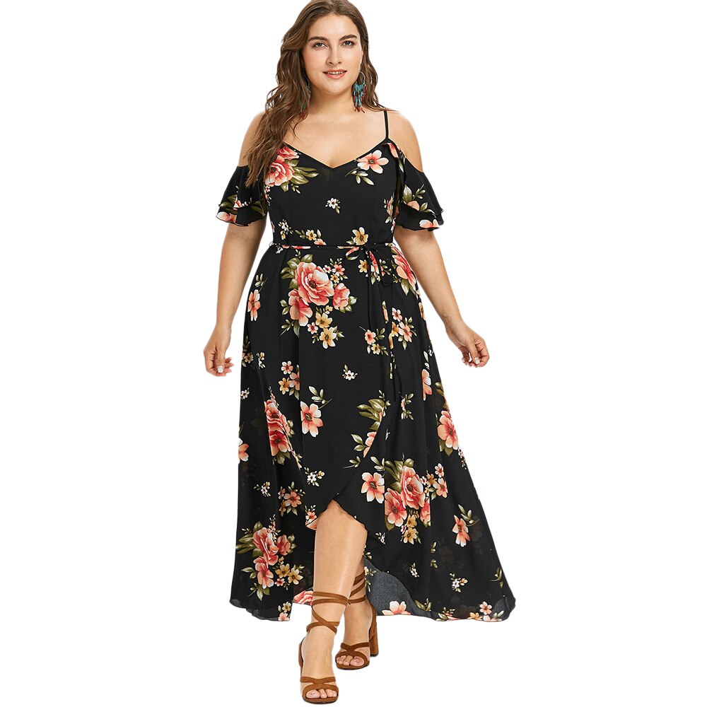 Women Summer Plus Size 5Xl Cold Shoulder Floral Overlap Dress Spaghett