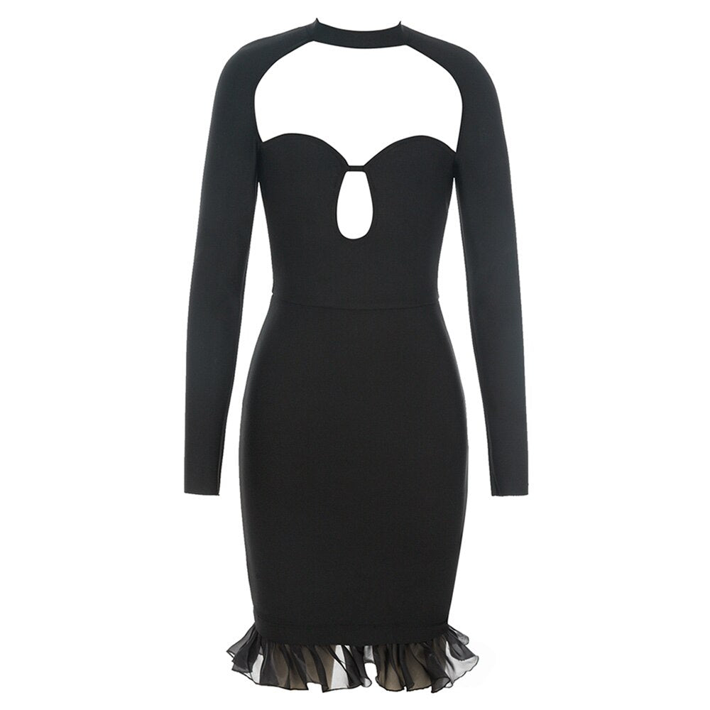 Long Sleeve Round Neck Hollowed-out Design Sexy Black Slim Hip Skirt Dress Autumn