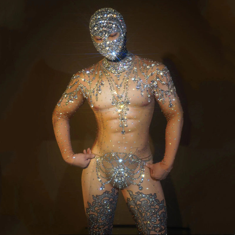 Sparkly Rhinestone Jumpsuit for Men Elastic Leotard Headgear DJ Nightclub Outfit Performance Dance Costume Show Stage Wear