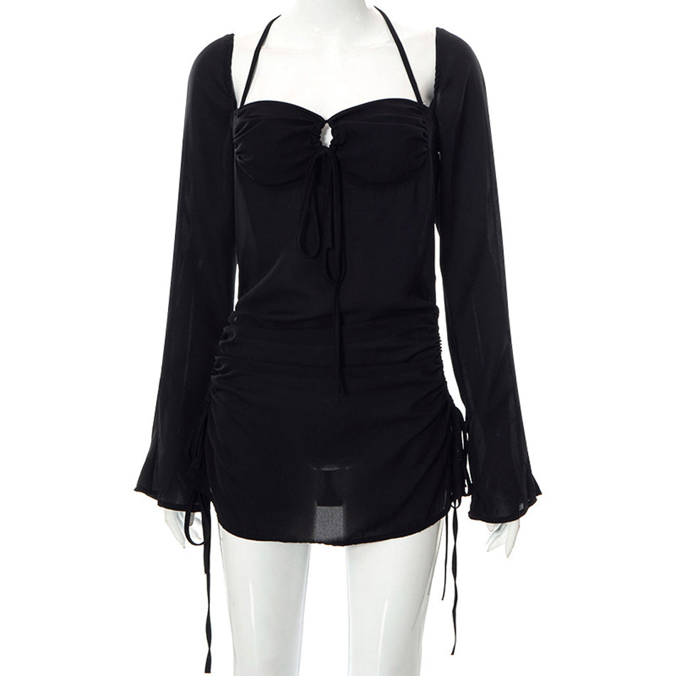 Women Pleated Dresses Square Neck Long Sleeve Lace Up Tie Hollow Out Mini Party Clubwear